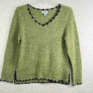 RIVER Green Boucle Knit Sweater Womens XS Black Embroidery Trim Long Sleeves